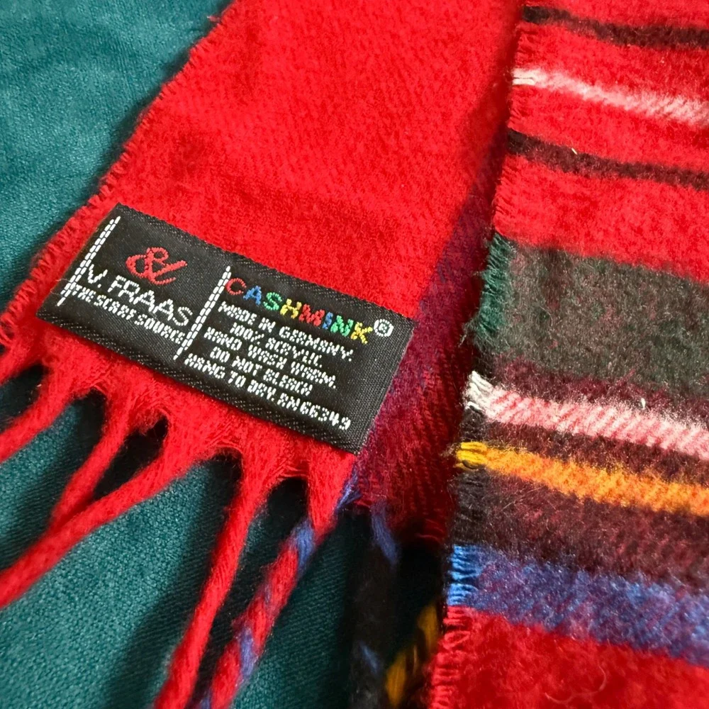 V. Fraas Cashmink Plaid Scarf Set of 2‎ Navy Red Made in Germany RN66349